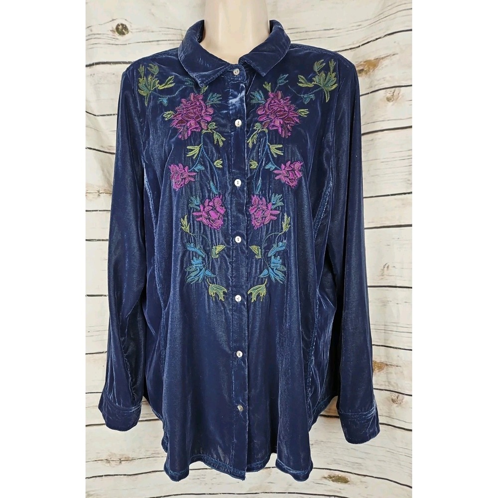 J Jill Blue Velvet Embroidered Top L Button Up Tunic Boho Fairy Women